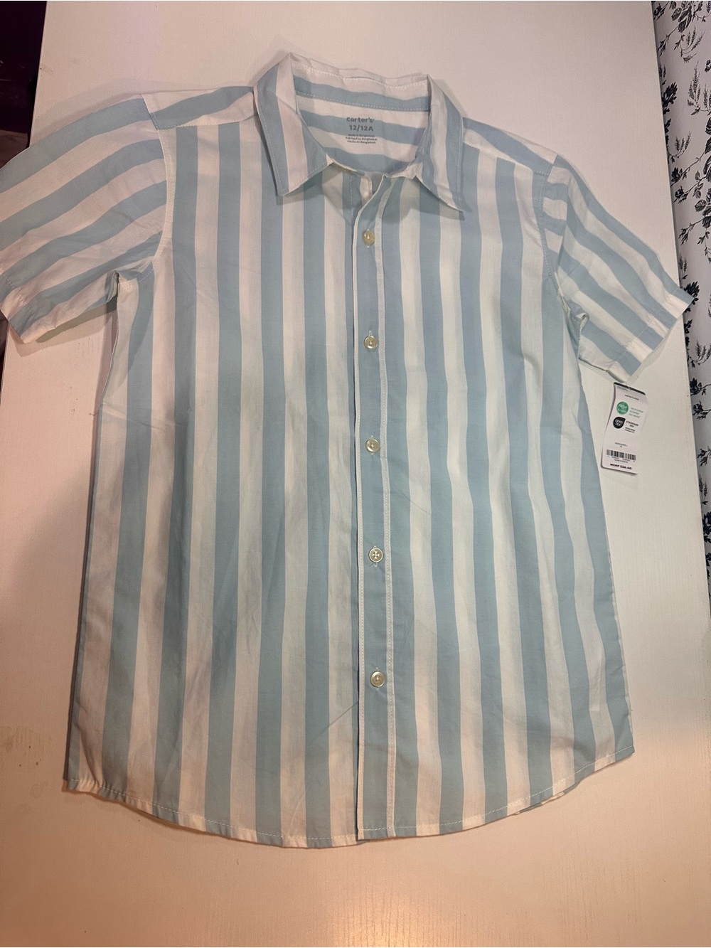 Carter's Men's Short-Sleeve Button-Up in Light Blue and White Vertical Stripes